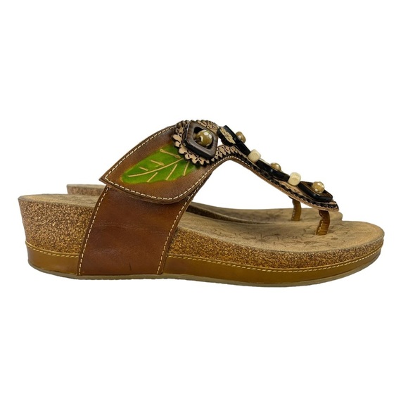 Elite by Corky's Dupree Leather Embellished‎ Thong Wedge Sandals Brown Size 7 - Picture 1 of 12